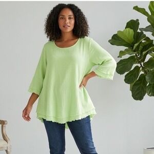 Soft Surroundings Cotton Crinkle Top 2x Green Scalloped Hem Cuffs Casual